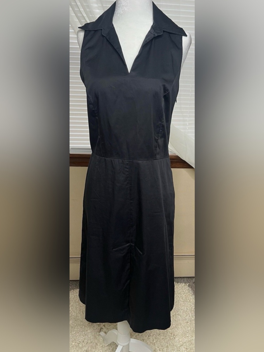 Ann Taylor Sleeveless Black Midi Dress with Collared V-Neck